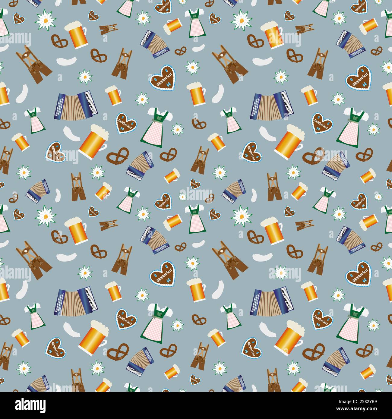 Seamless oktoberfest pattern, bavarian beer festival icons in flat design on blue background Stock Vector