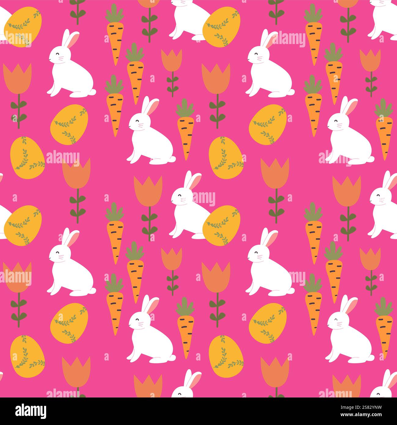 Happy easter patterns with bunnies, eggs, and carrots for festive design. Stock Vector