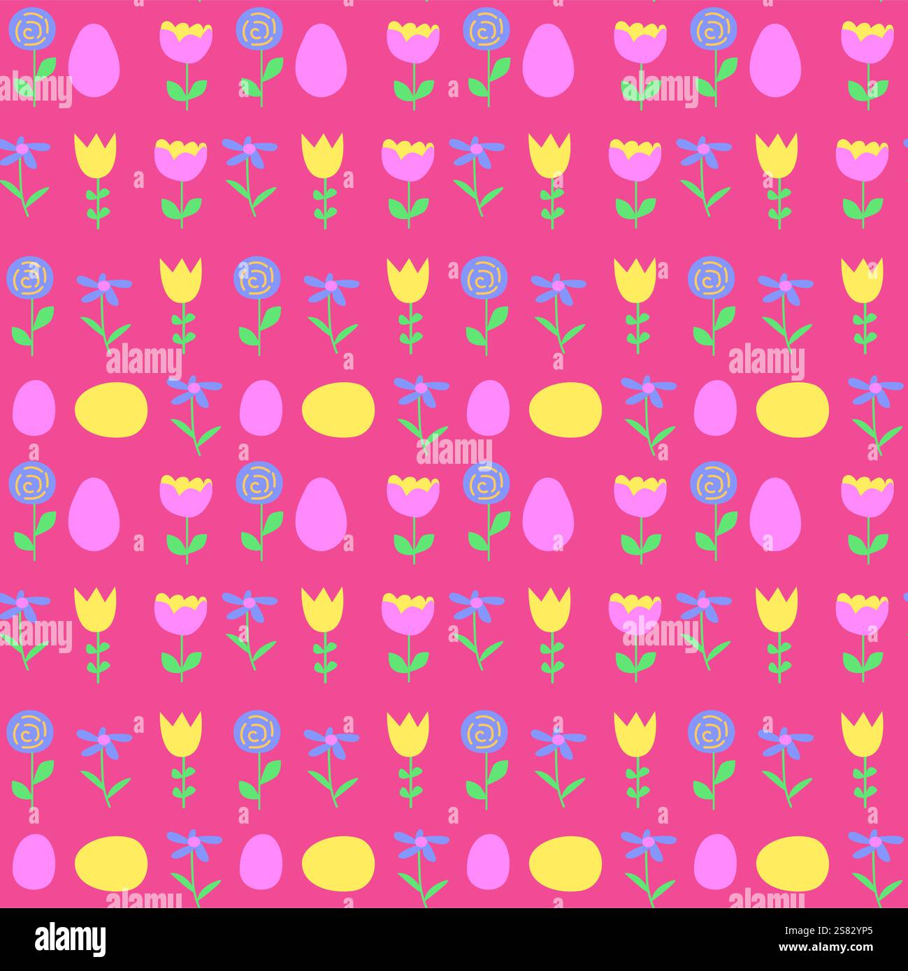 Colorful easter patterns with eggs and flowers for festive designs. Stock Vector