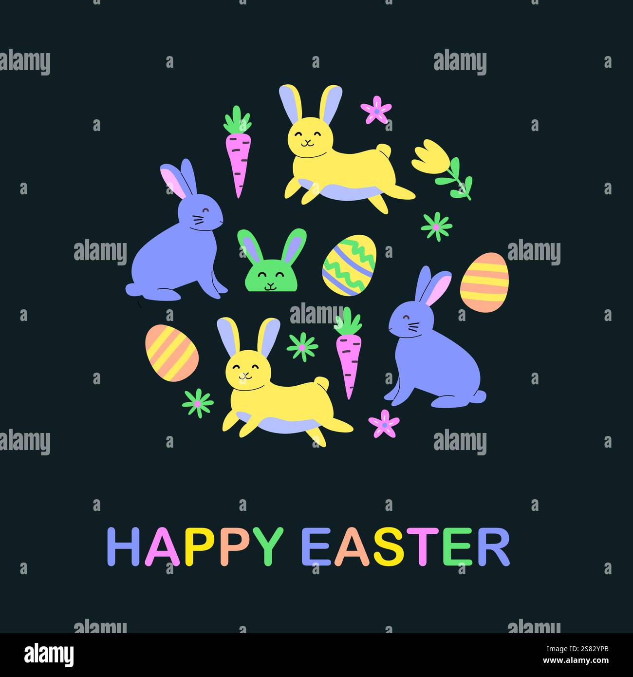 Happy easter celebration with colorful bunny and egg patterns. Stock Vector
