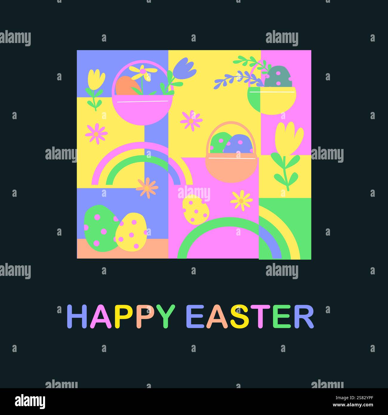Colorful happy easter patterns with flowers and eggs for spring celebrations. Stock Vector