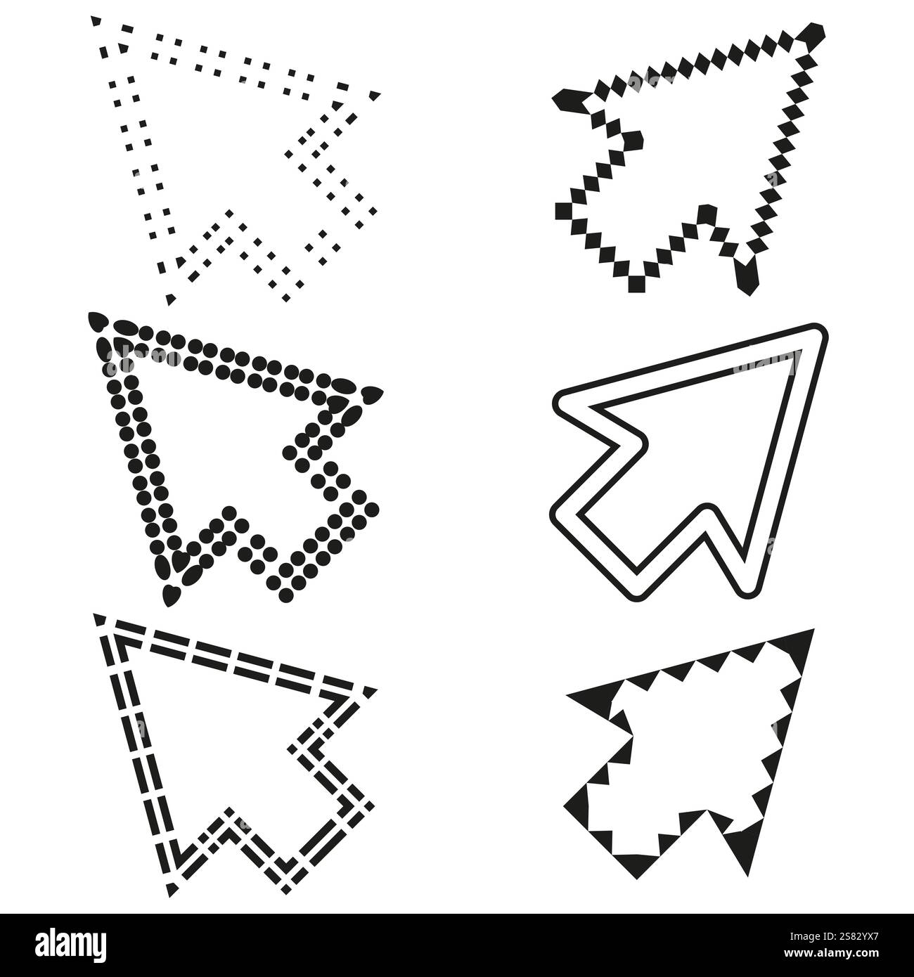 Arrow cursor icon. Dotted arrow pointer. Geometric arrow shape. Digital navigation vector. Stock Vector