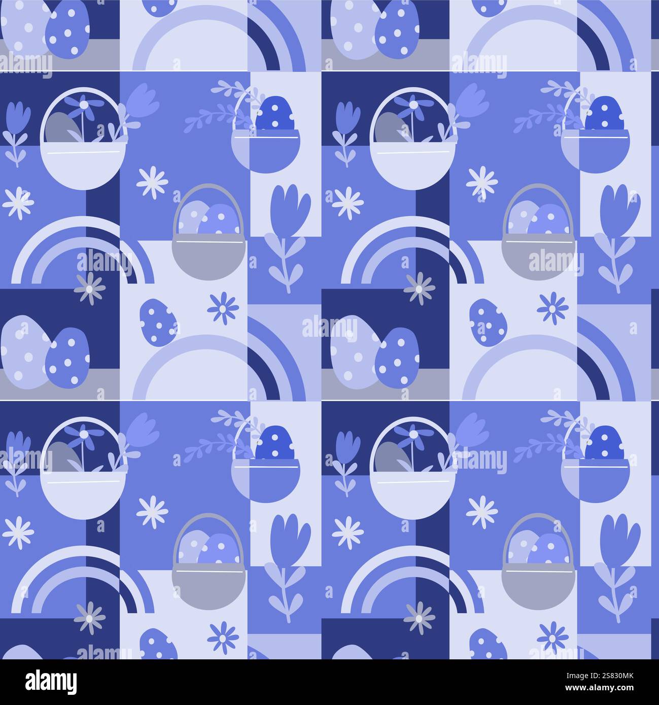 Happy easter patterns with decorative eggs and baskets theme for festive designs. Stock Vector