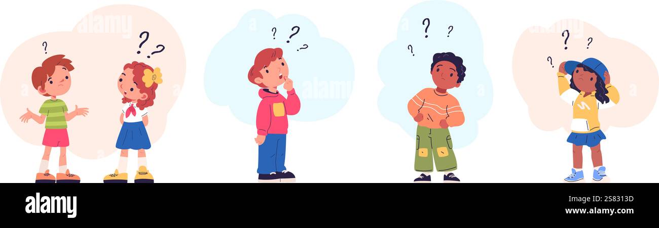 Kids think questions. Boy and girl thinking find idea or problem ...