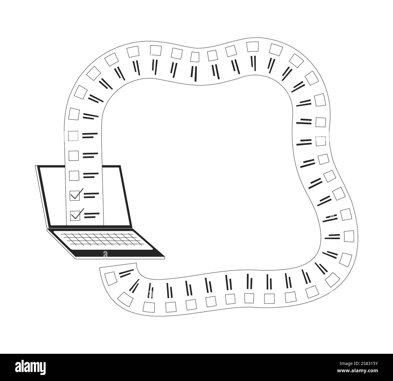 Laptop with continuity list tasks black and white 2D line object Stock Vector