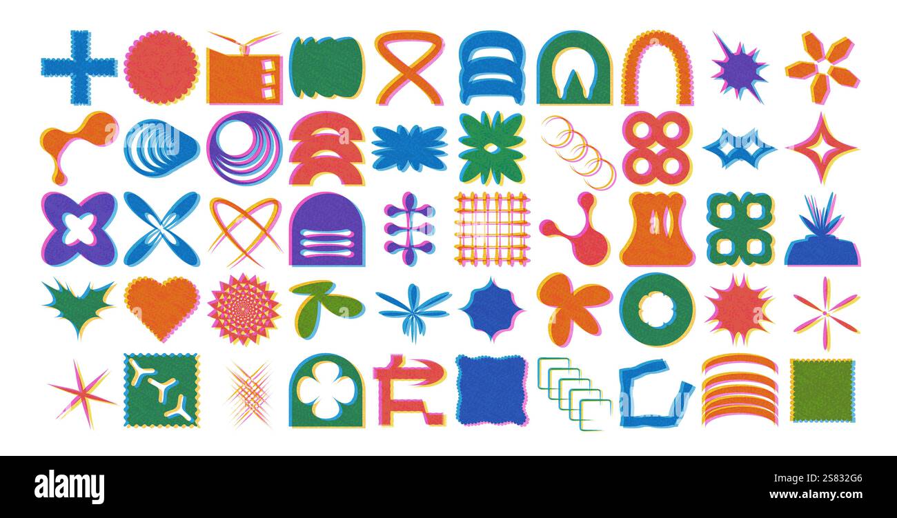 Geometric riso print shapes set. Brutalist figures pack. Retro y2k forms. Simple graphic distortion stickers. Primitive grainy icons. Vector flat refr Stock Vector