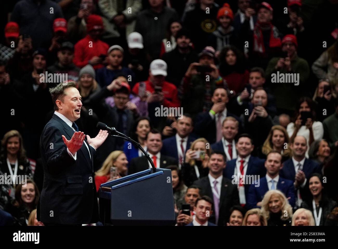 Elon Musk speaks at an indoor Presidential Inauguration parade event in