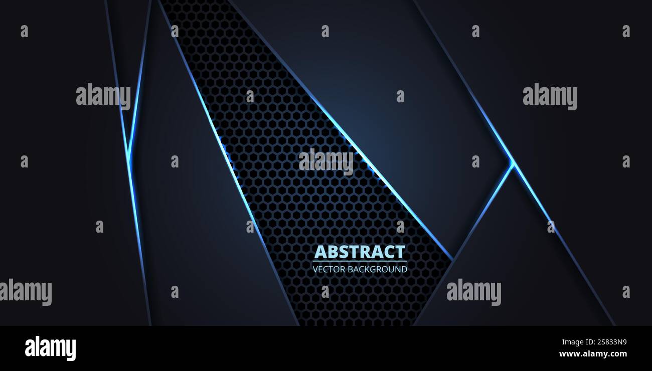 Dark abstract vector background with hexagon grid and blue luminous ...