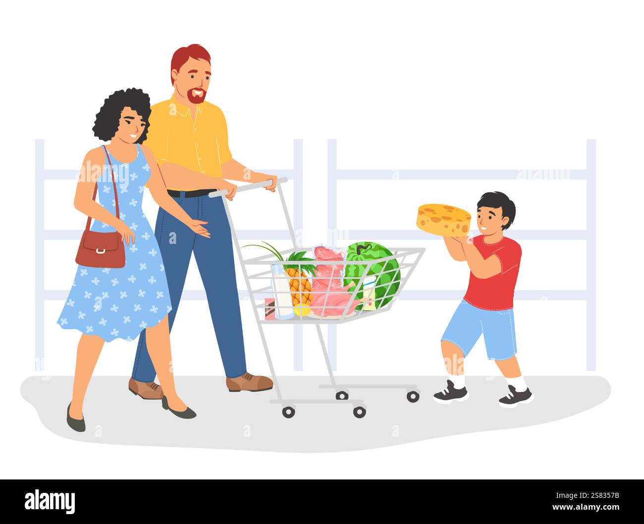 Happy family doing shopping in grocery store vector illustration Stock Vector