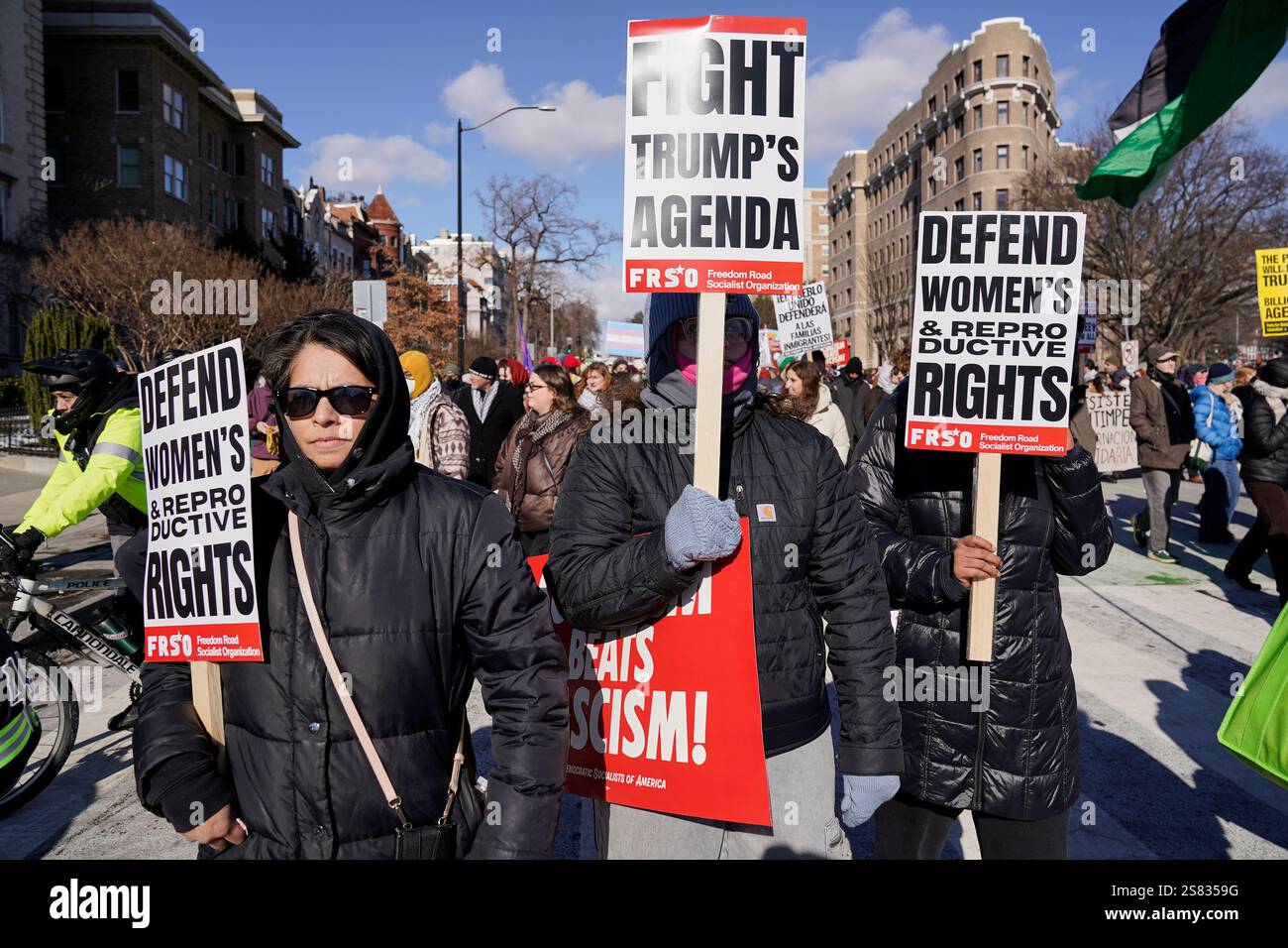 Protestors rally on Inauguration Day, Monday, Jan. 20, 2025, in