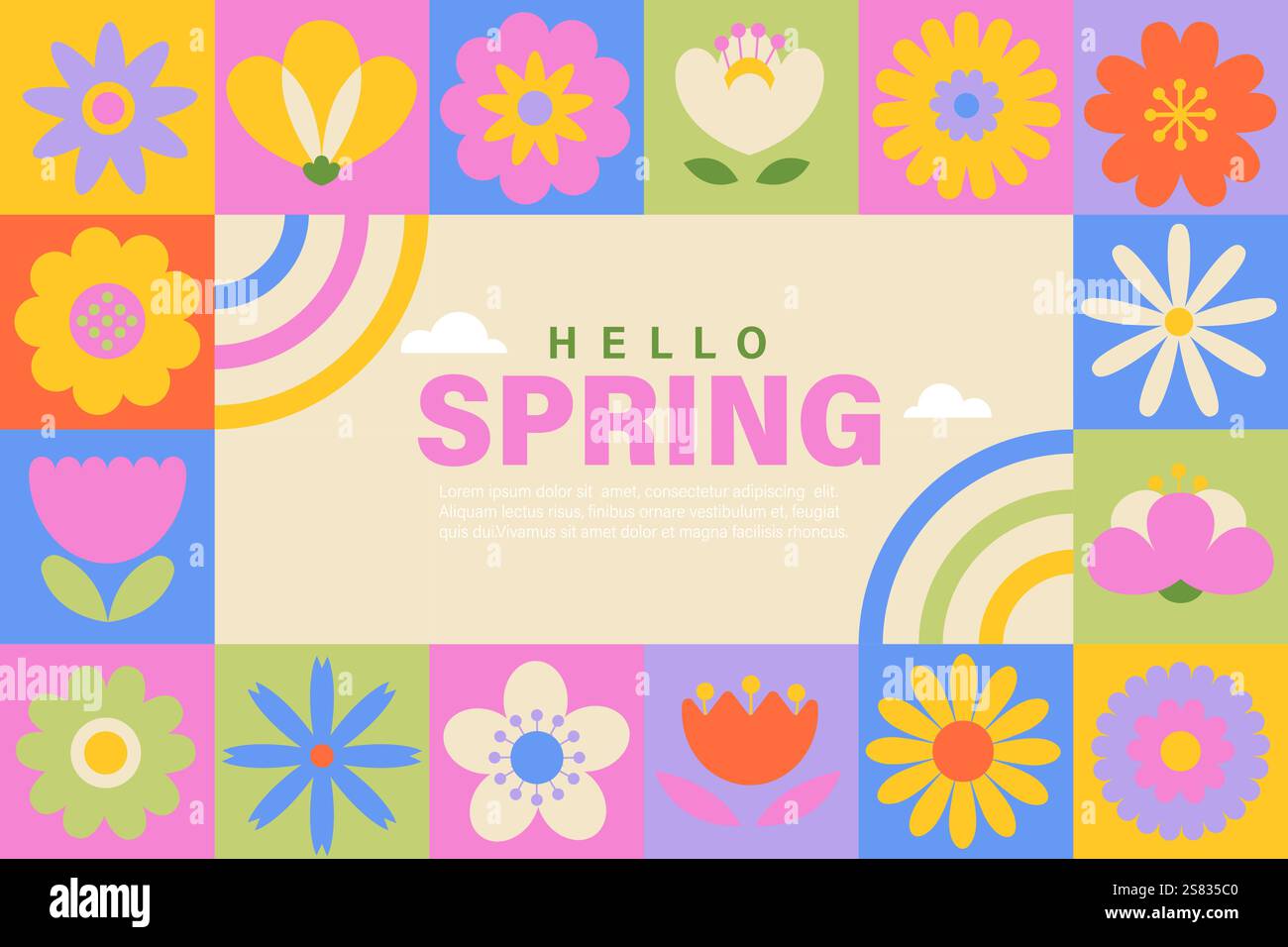 Spring geometric banner with symbols of season. Stock Vector