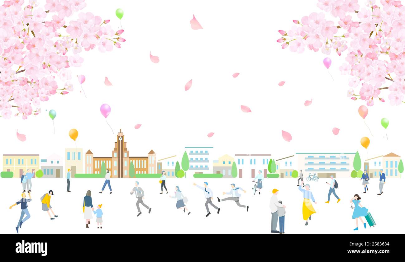 Cherry blossoms and balloons - lovely cityscape and people walking ...