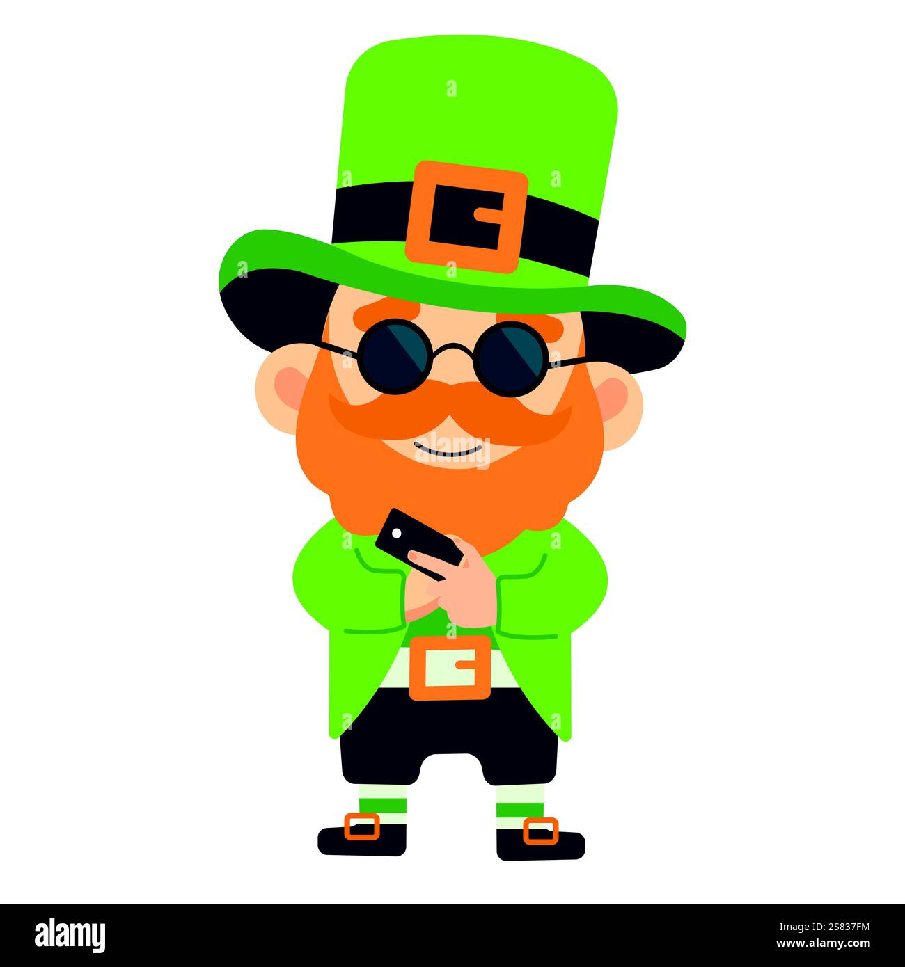 Leprechaun in round glasses with phone in hand. St. Patrick's Day illustration Stock Vector