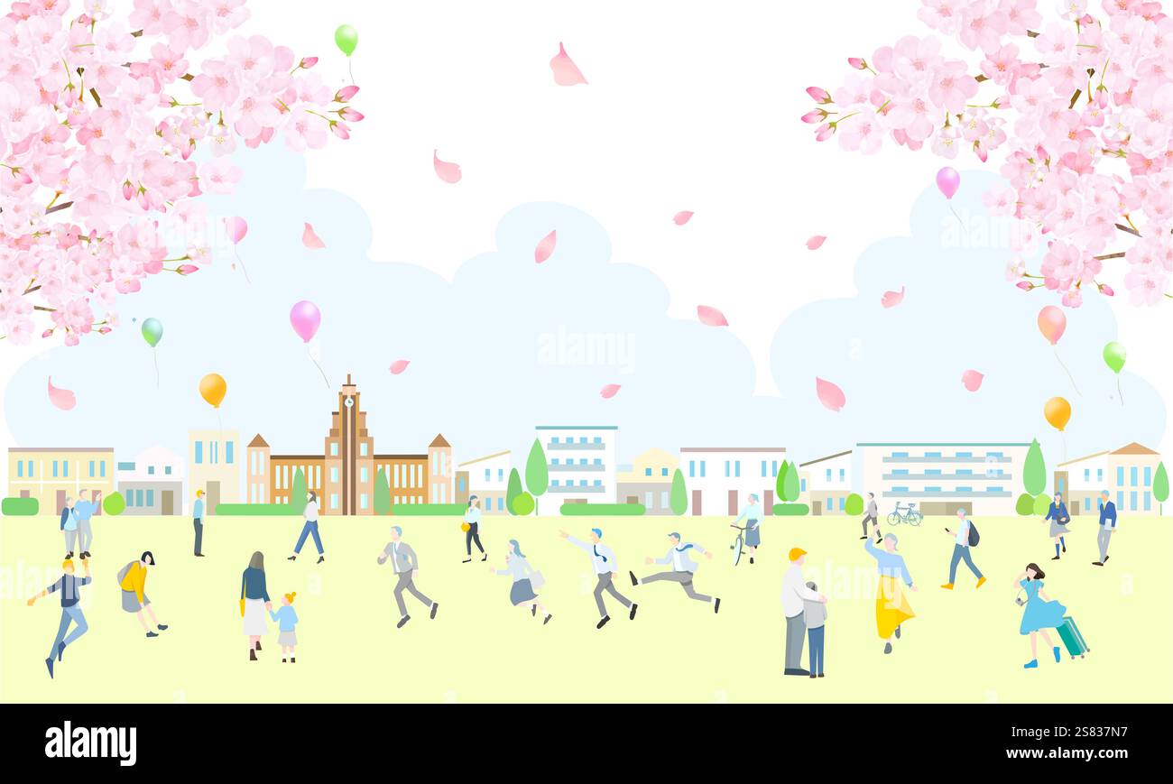 Cherry blossoms and balloons - lovely cityscape and people walking ...