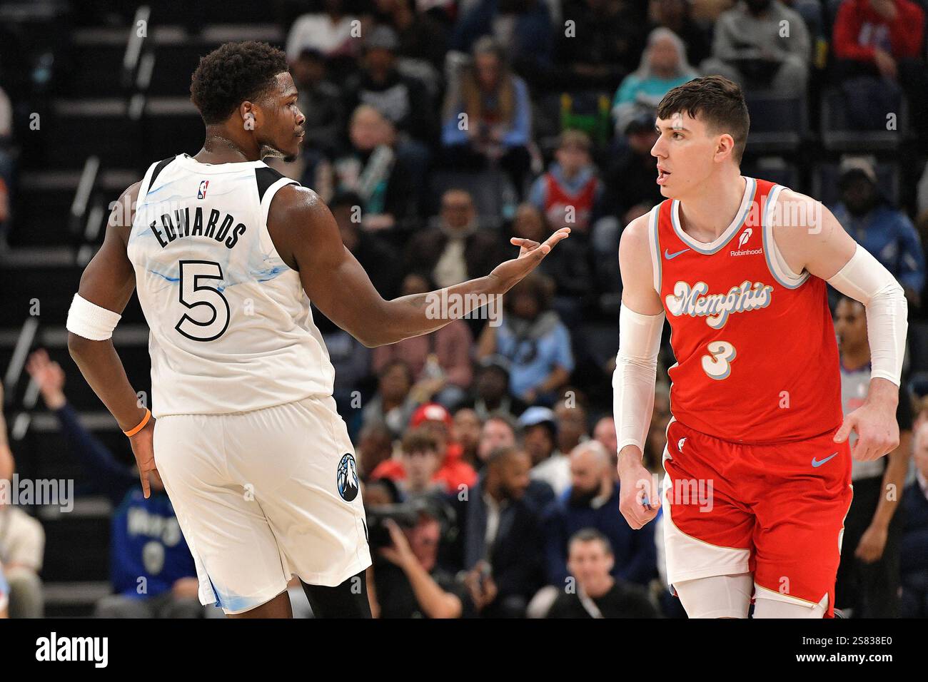 Minnesota Timberwolves guard Anthony Edwards (5) reacts after scoring