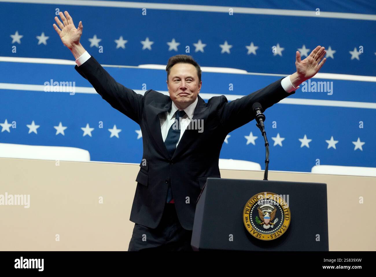 Elon Musk arrives to speak at an indoor Presidential Inauguration parade event in Washington