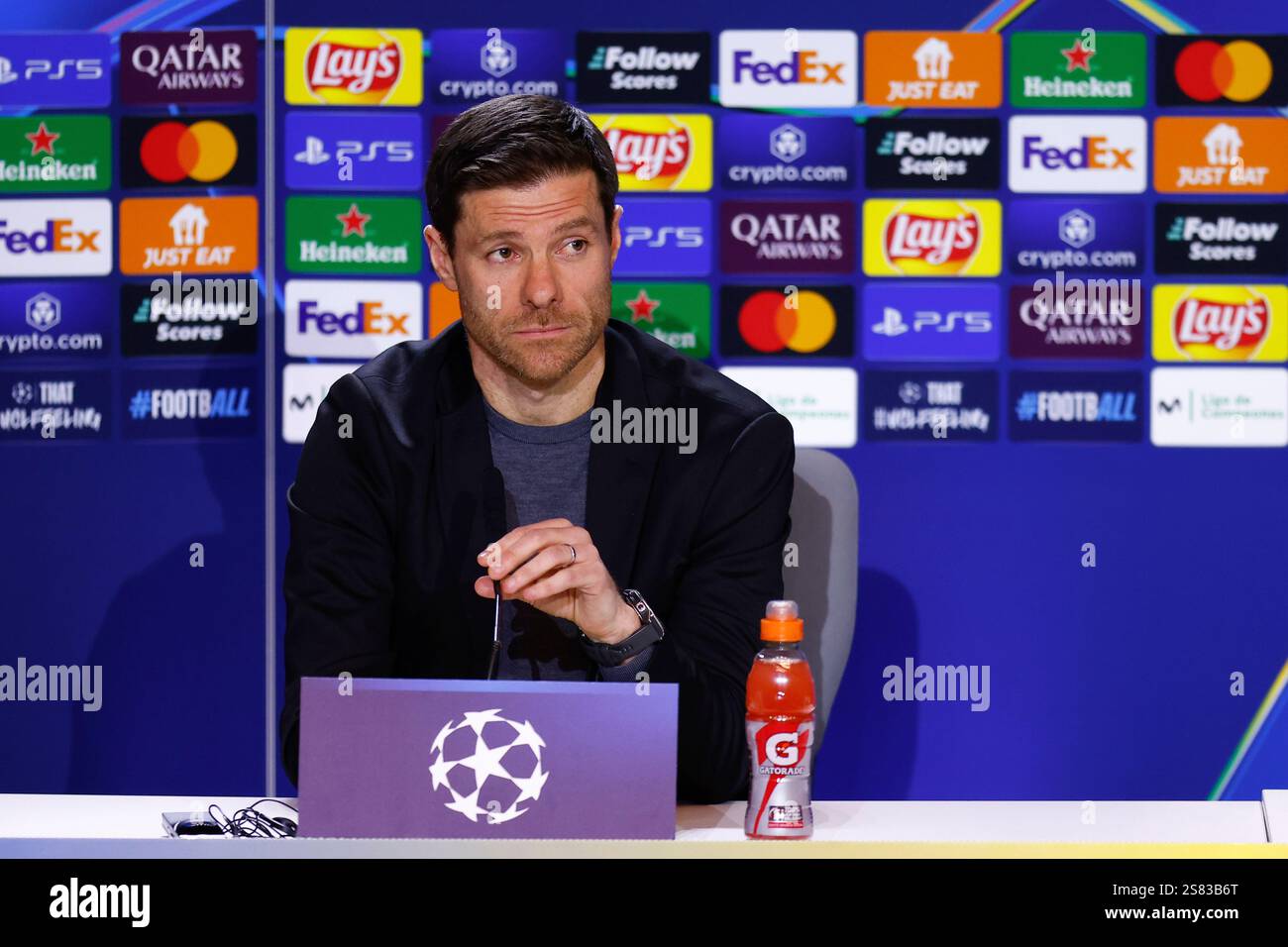 Xabi Alonso, head coach of Bayer Leverkusen, attends his press