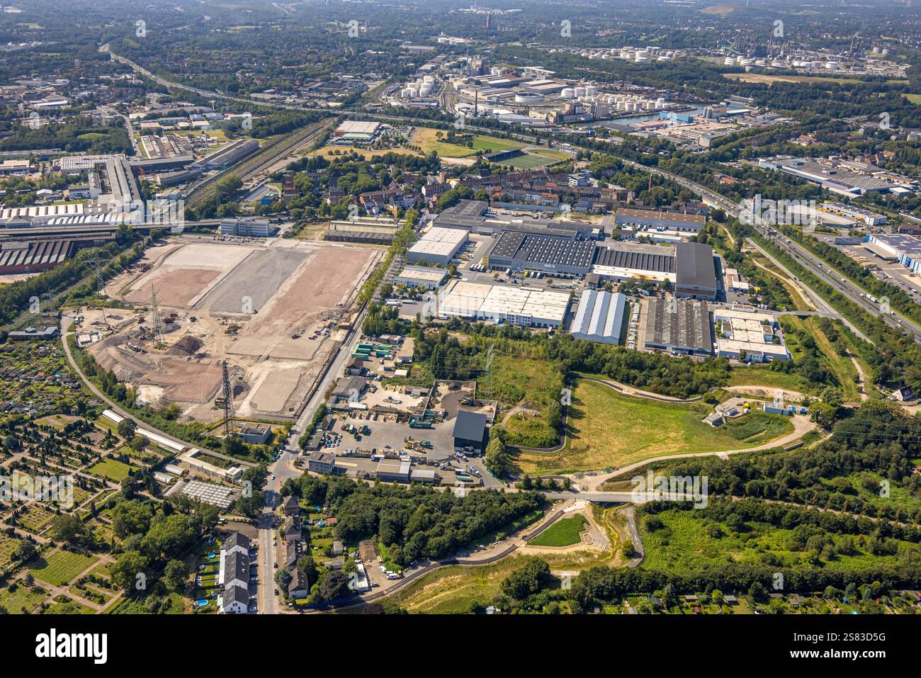 Aerial view, industrial park Schalke an der Hochkampstraße, construction site building area and commercial areas, Schalke-Nord, Gelsenkirchen, Ruhr ar Stock Photo