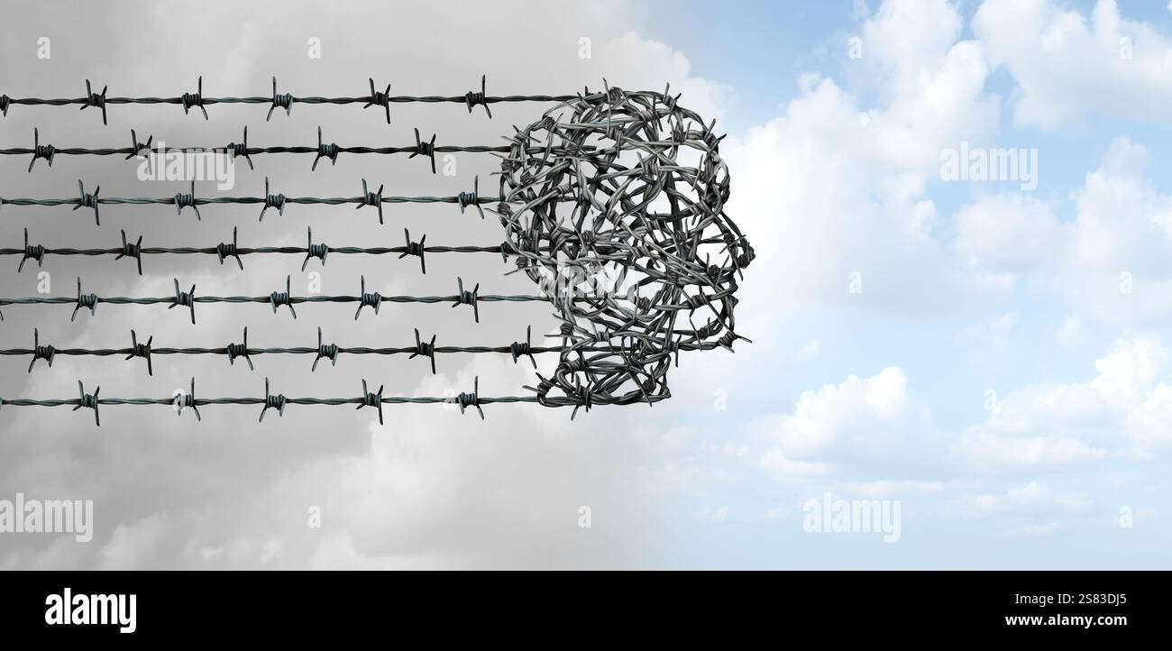Self Liberation Power and freedom as a concept of escaping a trapped situation as a human head with barbed wire icon of border security or prison Stock Photo