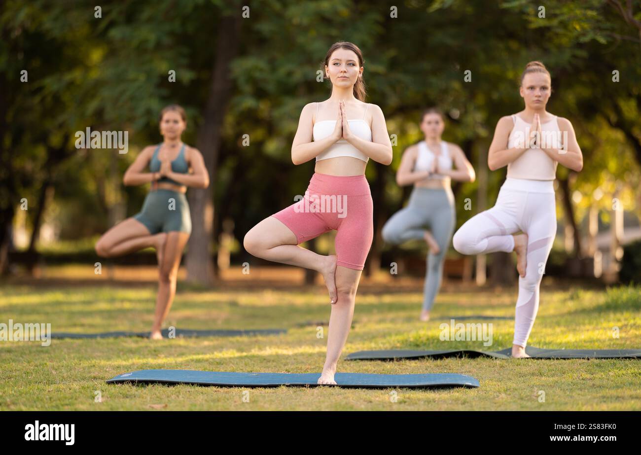 Group of young women doing yoga in tree pose Stock Photo - Alamy