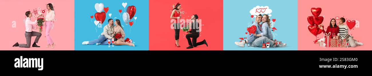 Set of happy young couples on color background. Valentine's Day ...