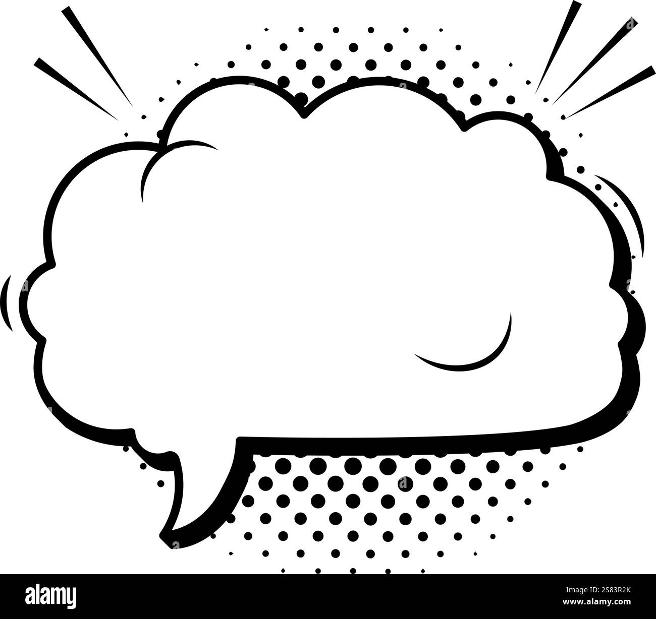 Empty comic speech bubble popping out, surrounded by halftone dots and ...