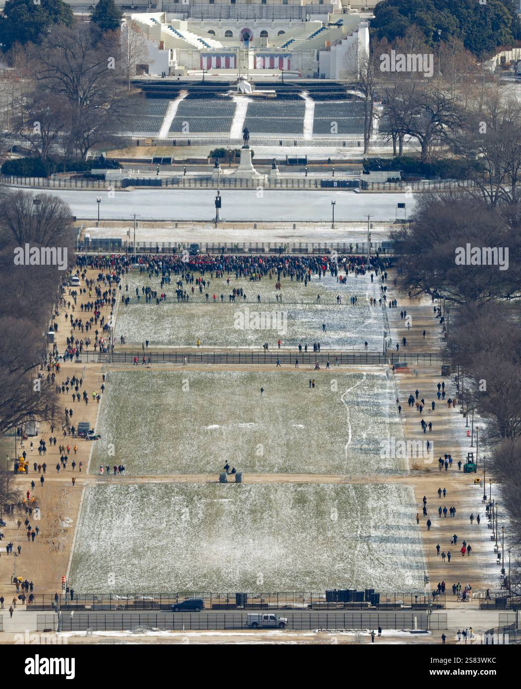 People gather at the National Mall as seen from the top of the Washington Monument on the