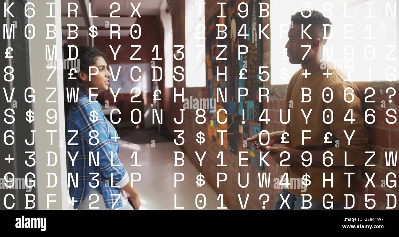 Image of changing letters and numbers over diverse colleagues ...