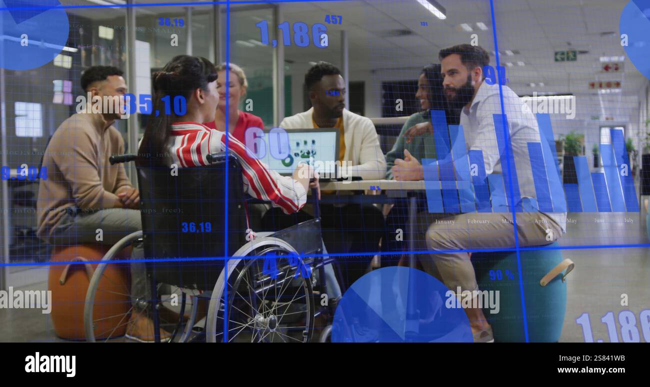 Image of data processing and diagrams over disabled and diverse ...