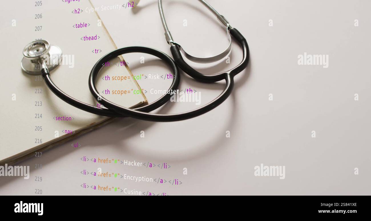 Image of data processing over stethoscope Stock Photo