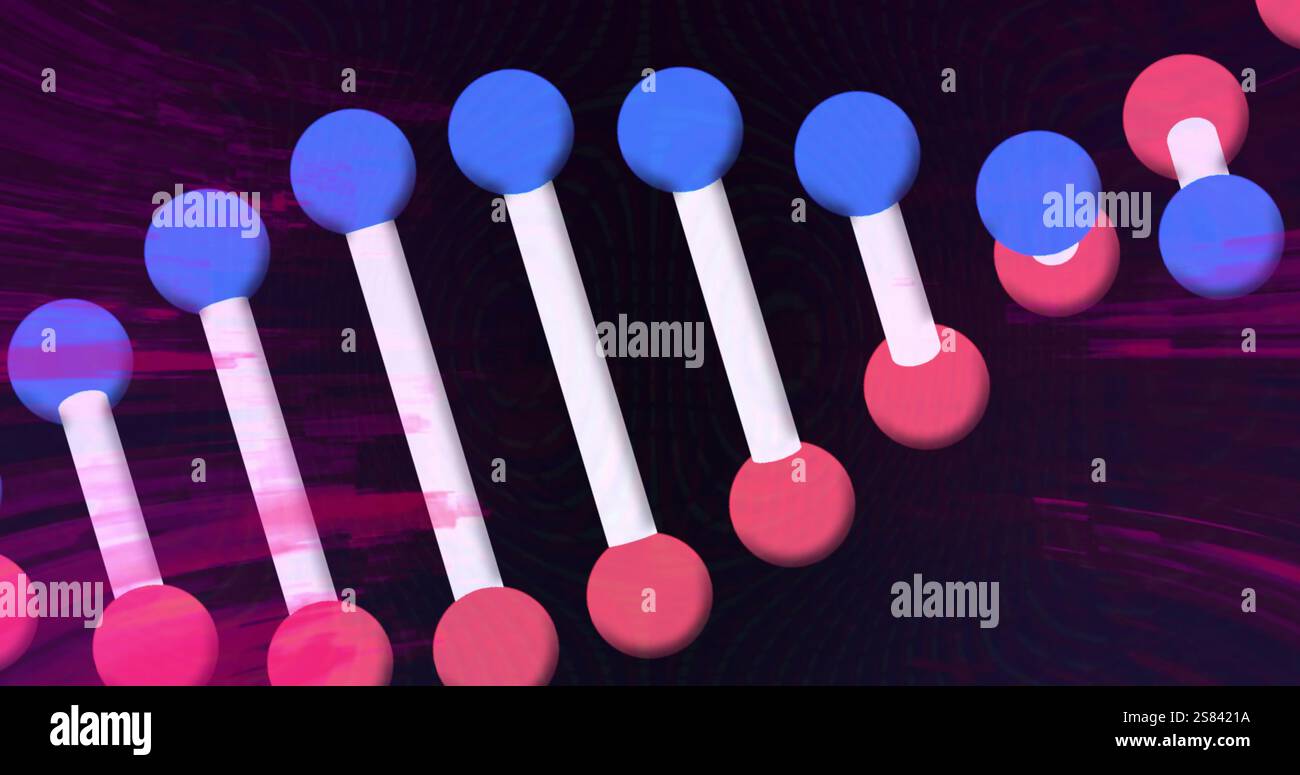 Image of dna strands spinning and glowing trails over black background Stock Photo