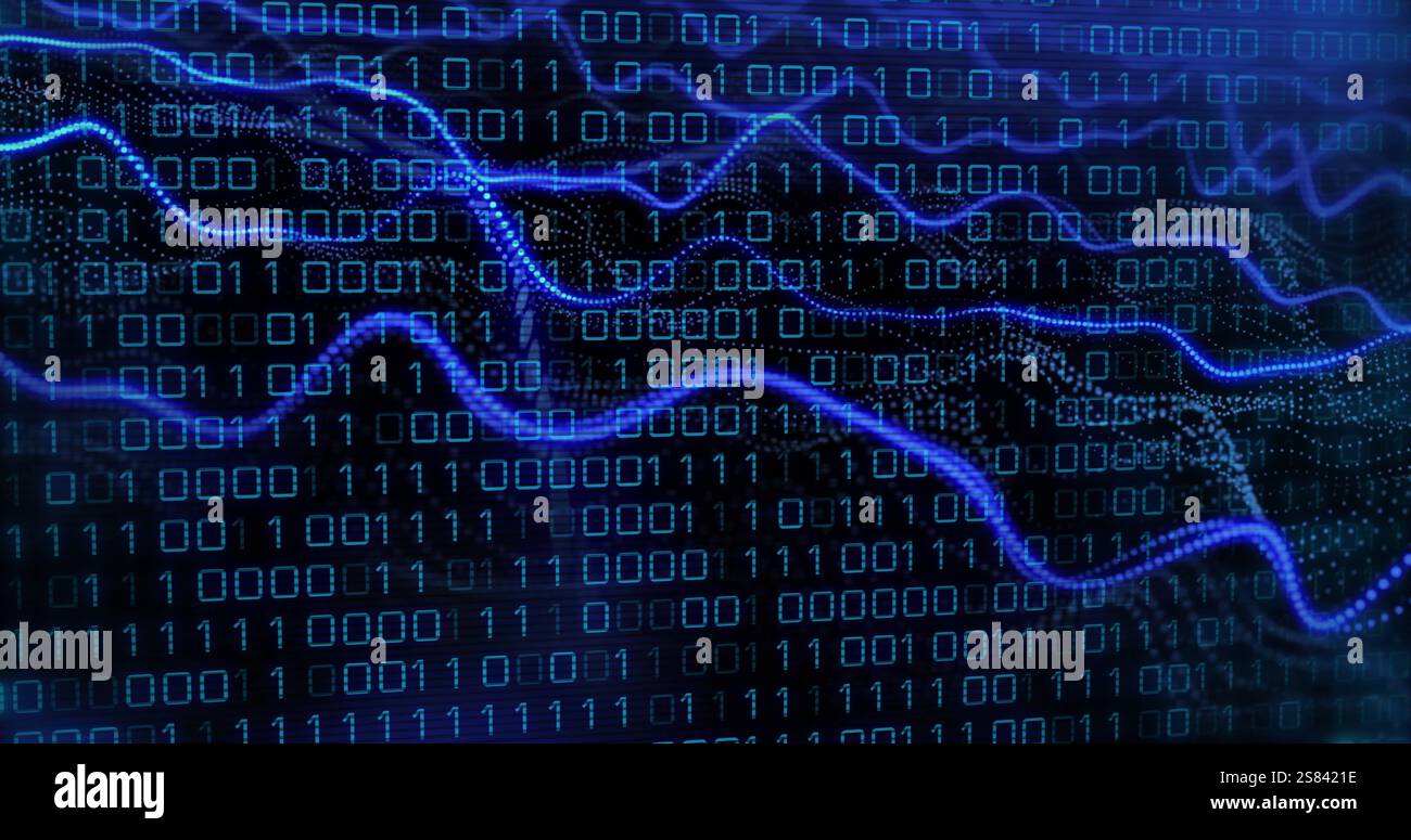Image of binary coding and digital data processing over black background Stock Photo