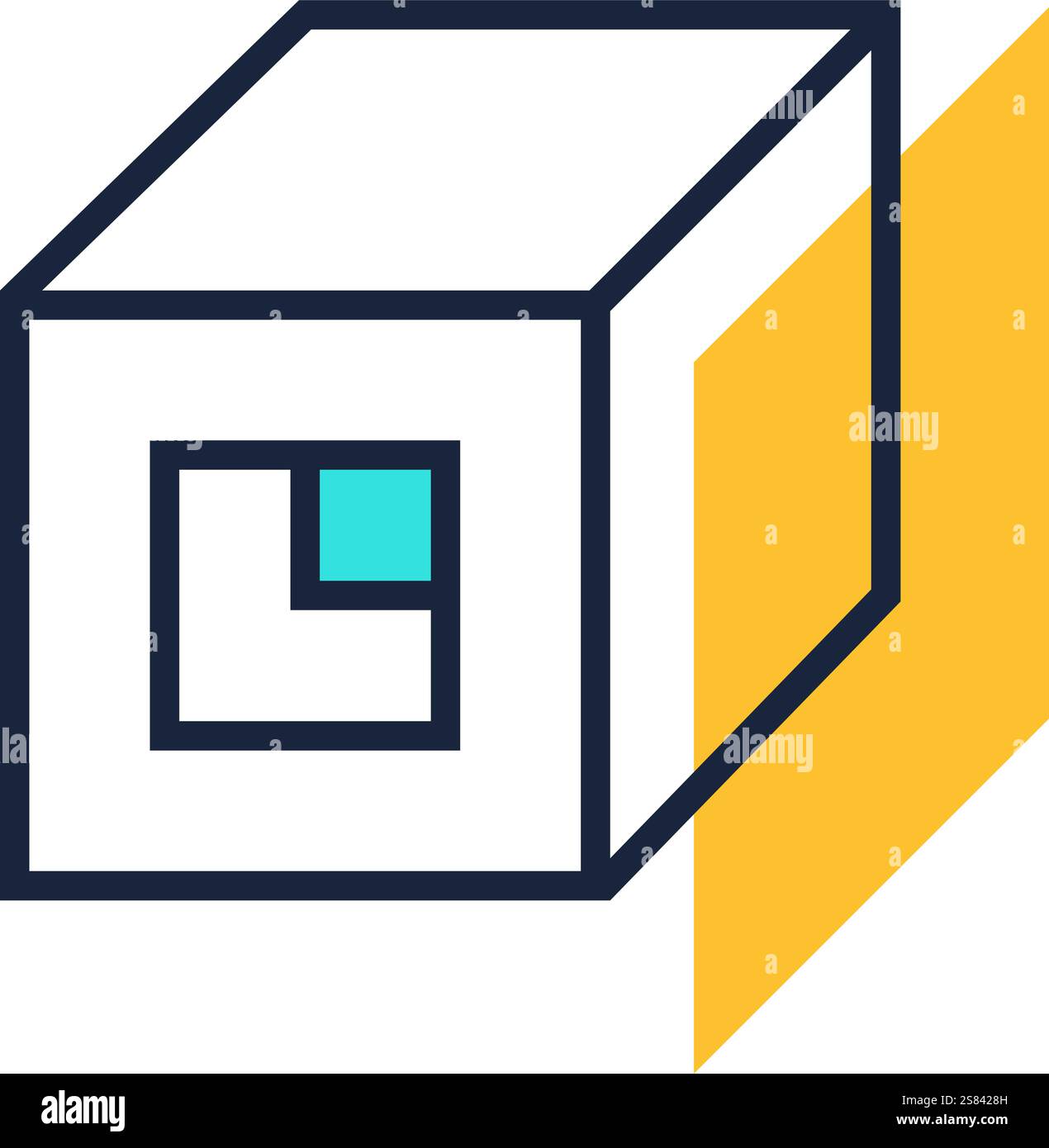 Minimalist abstract composition featuring a white cube with a geometric pattern on its front, casting a shadow on a vibrant yellow surface Stock Vector