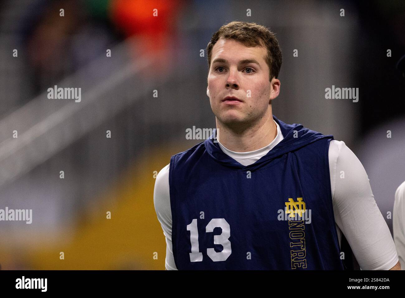 January 20, 2025 Notre Dame quarterback Riley Leonard (13) warms up