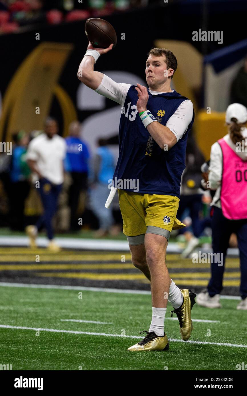 January 20, 2025 Notre Dame quarterback Riley Leonard (13) warms up