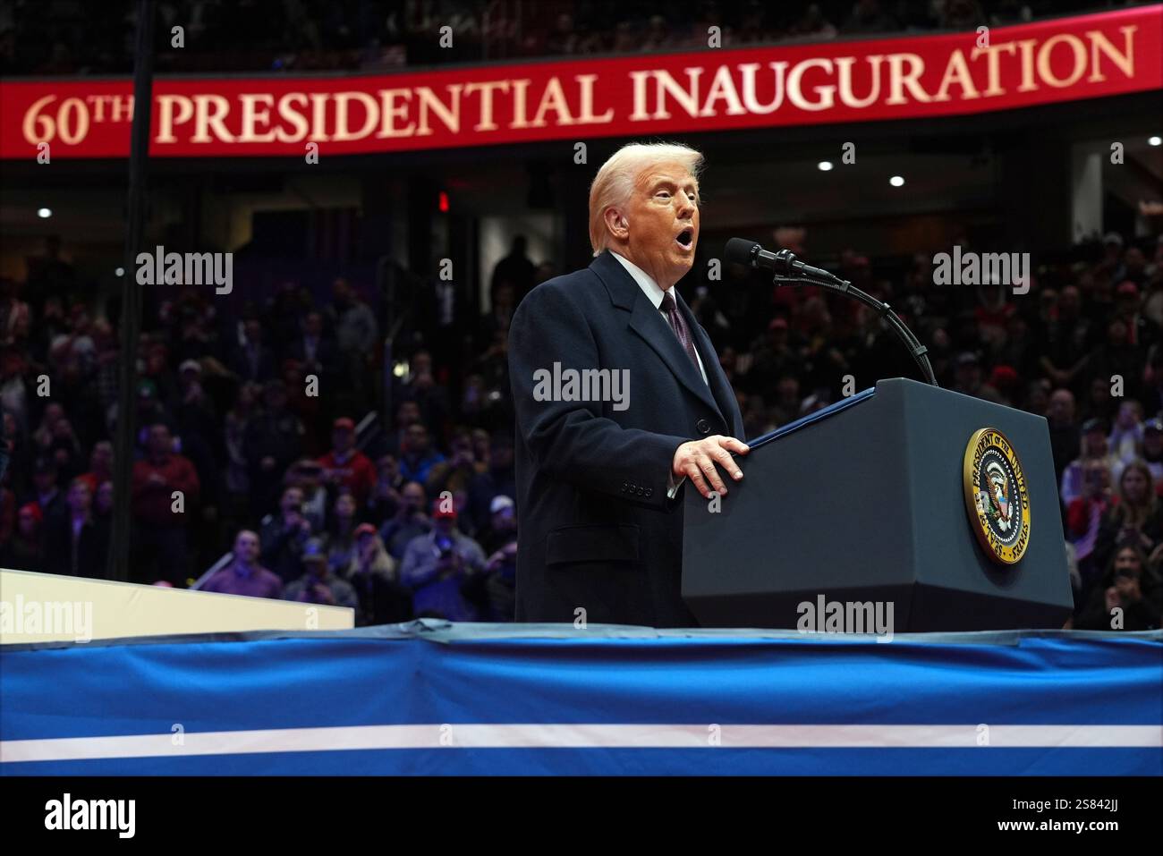 President Donald Trump speaks as he attends an indoor Presidential