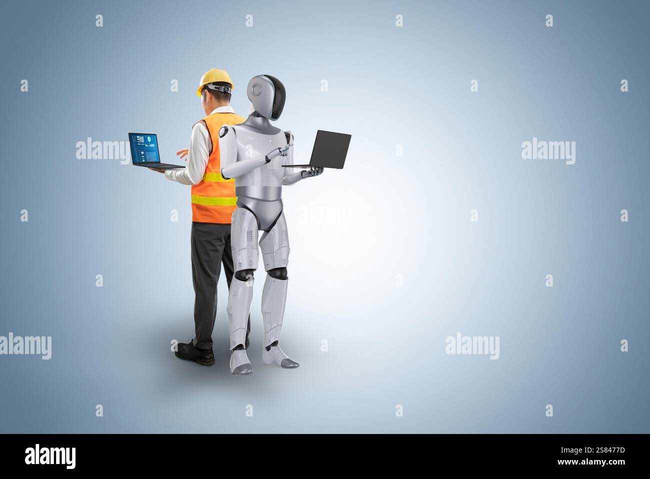 Automation industry concept with engineer work with assistant robot Stock Photo