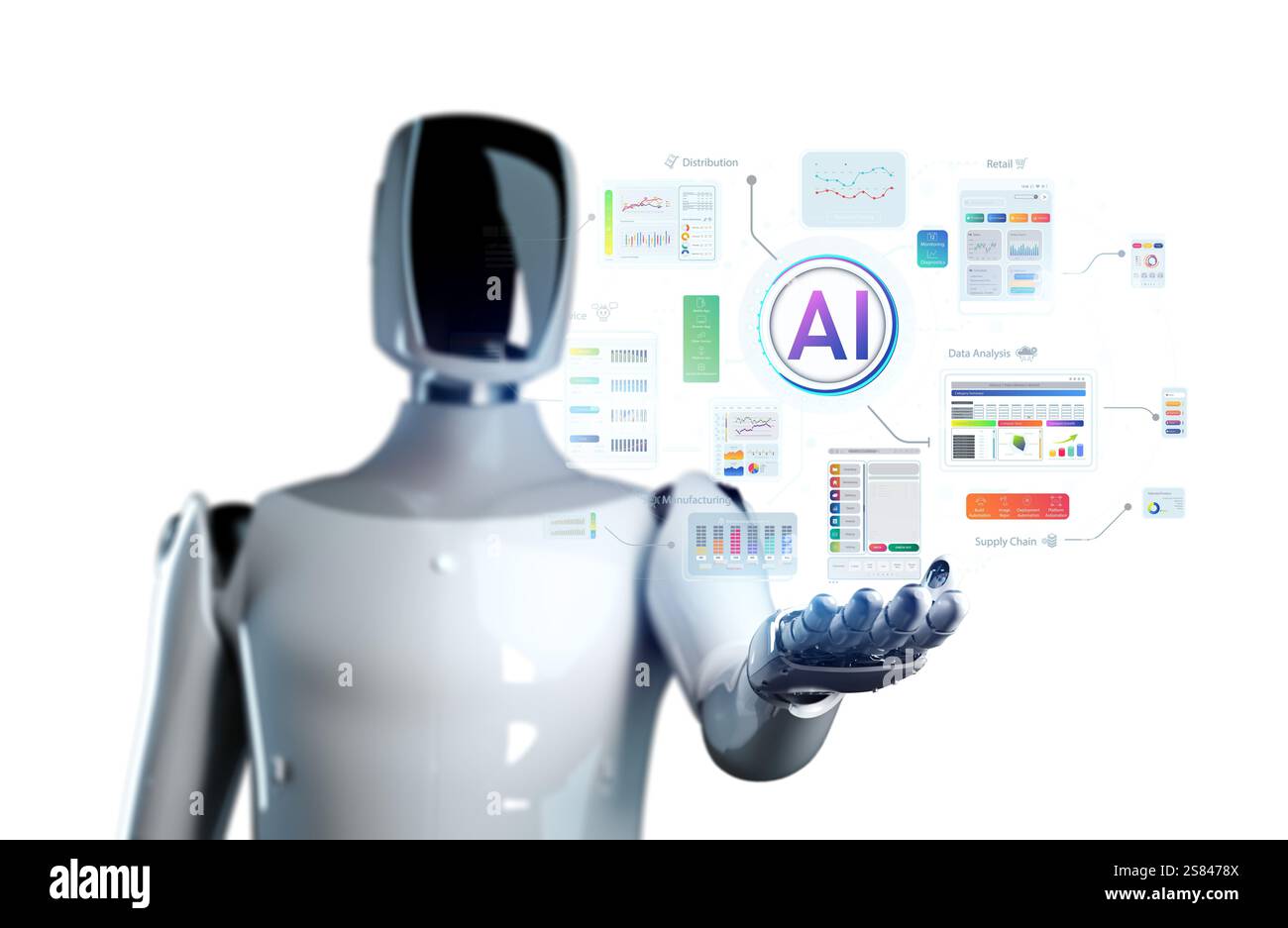 Ai technology with 3d rendering humanoid robot with hud graphic interface Stock Photo