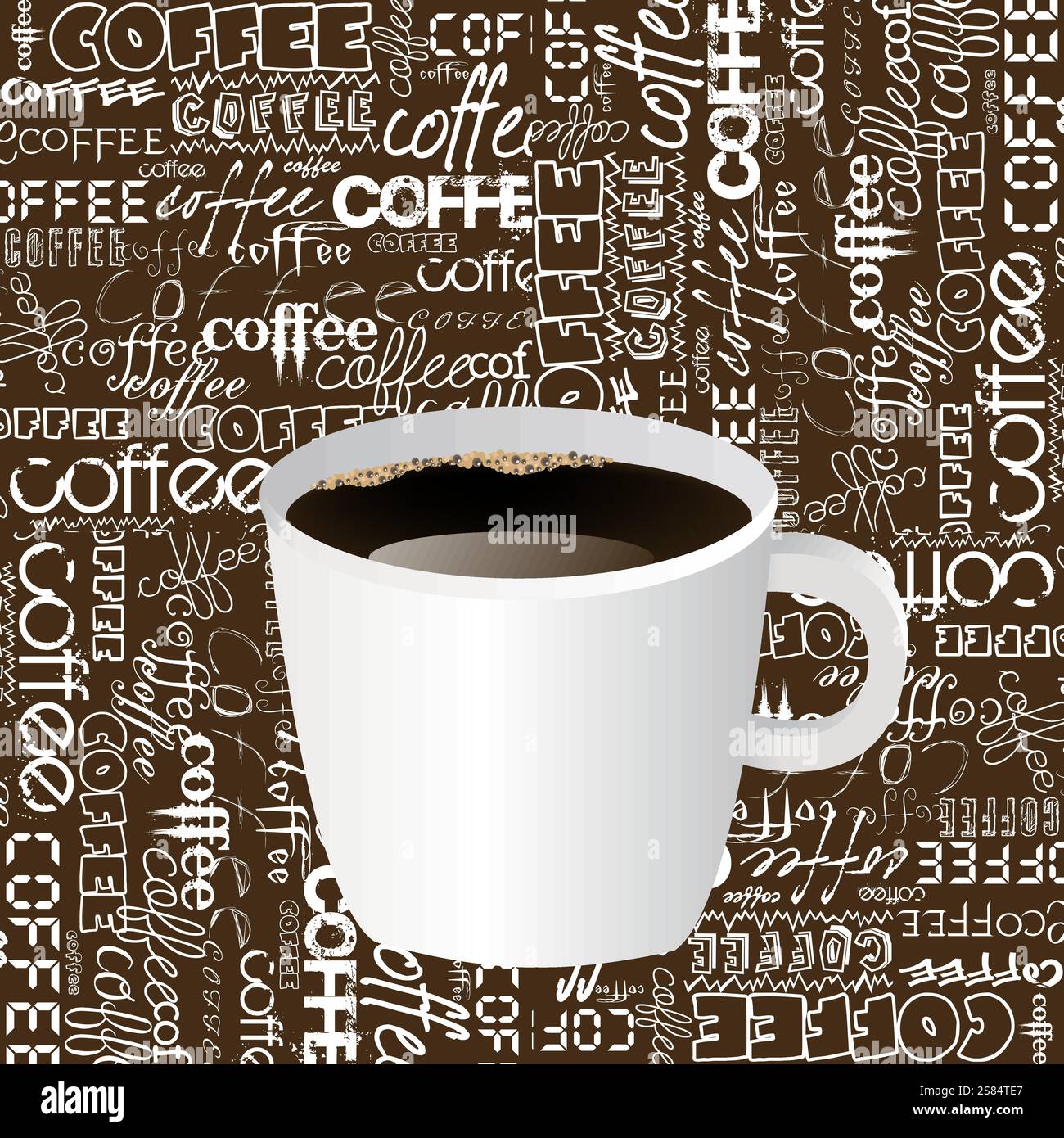 Coffee cup over a typography from words background Stock Vector