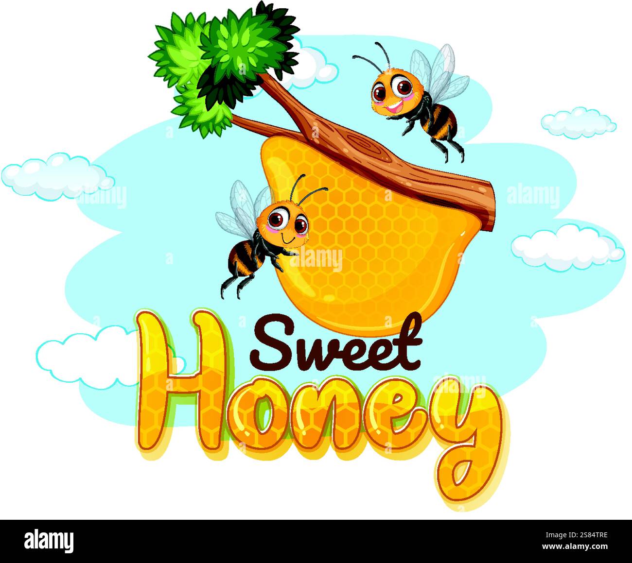 Two bees buzzing around a honeycomb on tree Stock Vector Image & Art ...