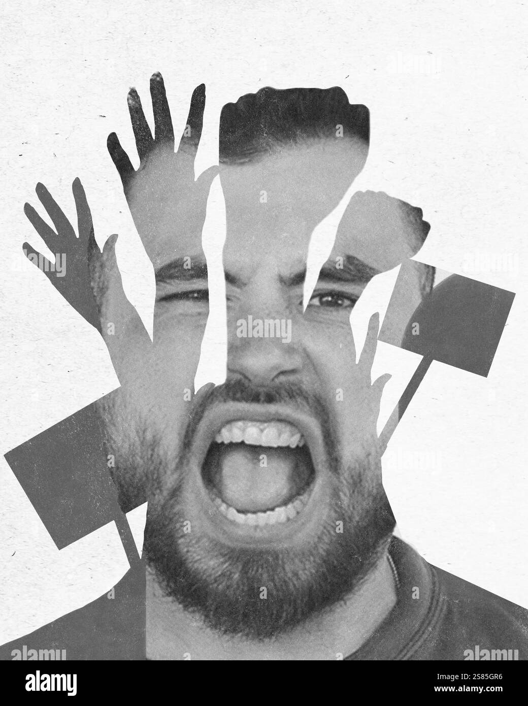Shouting Disruption Man passionately shouting in megaphone with silhouettes of raised fists ...