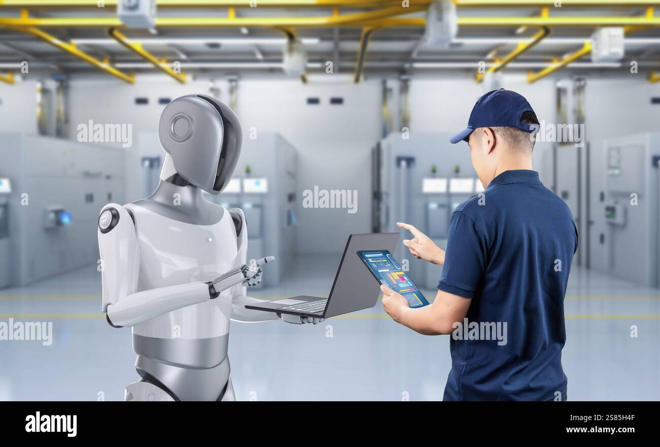 Automation industry concept with engineer work with assistant robot Stock Photo