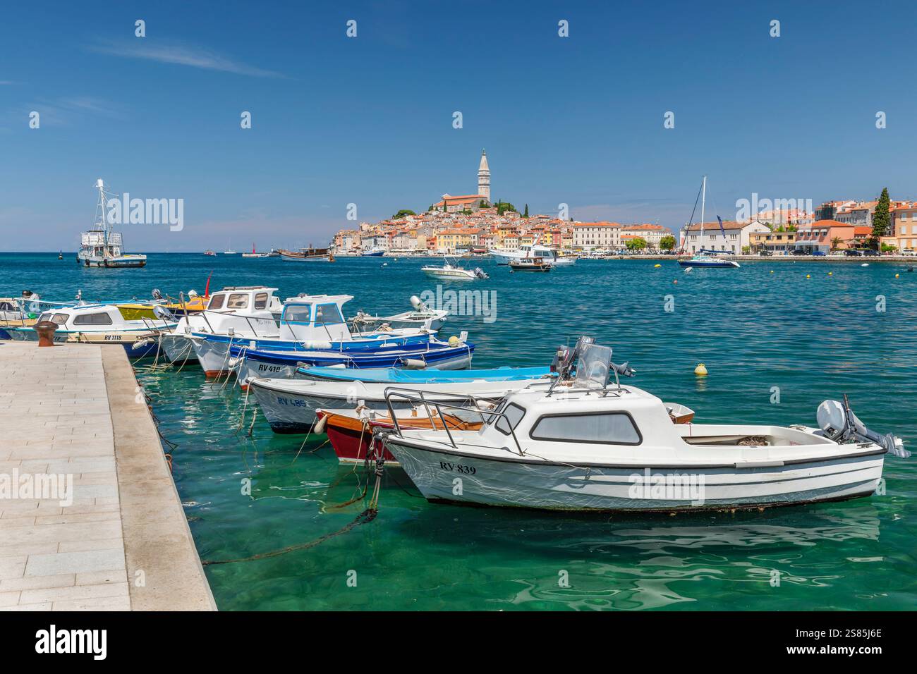 View from new harbour to the old town with Cathedral of St. Euphemia, Rovinj, Istria, Croatia Stock Photo