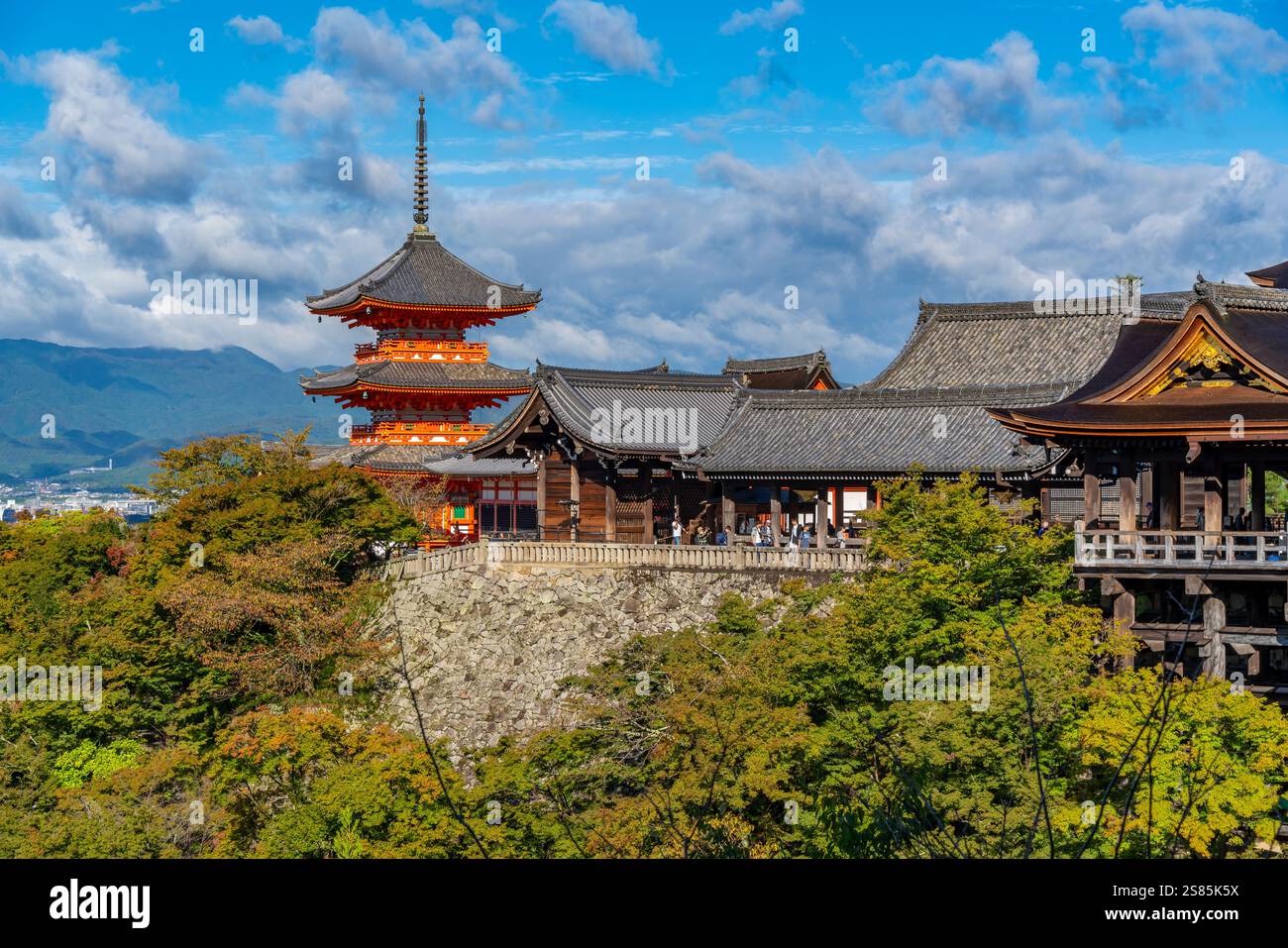 View of Kiyomizu-dera Temple, UNESCO, with city in background, Kiyomizu, Higashiyama Ward, Kyoto, Honshu, Japan Stock Photo
