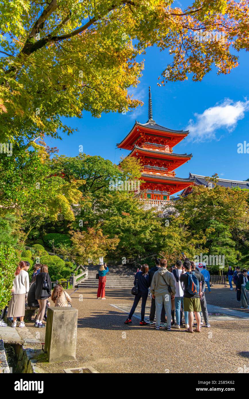 View of Kiyomizu-dera Temple and trees with autumn colours, UNESCO, Kiyomizu, Higashiyama Ward, Kyoto, Honshu, Japan Stock Photo