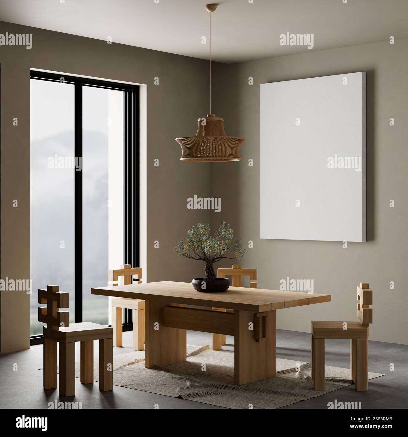 Japandi style dining room design with wooden furnitures and raw ...