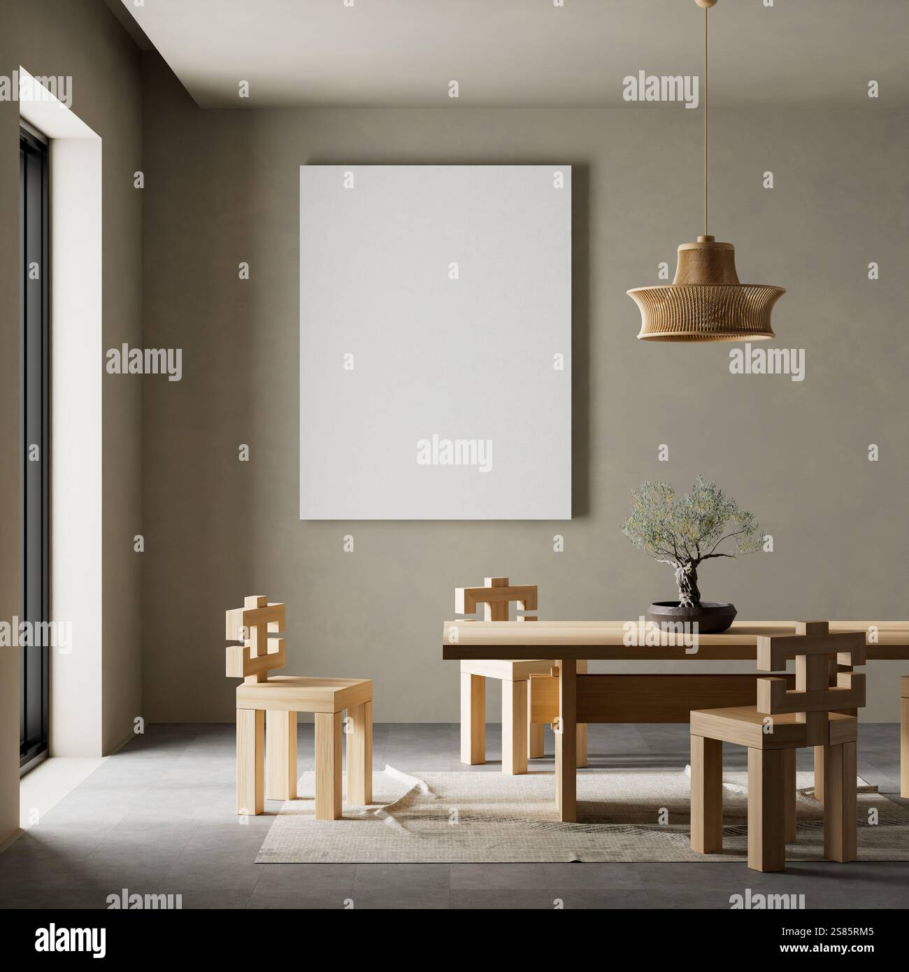 Japandi style dining room design with wooden furnitures and raw ...