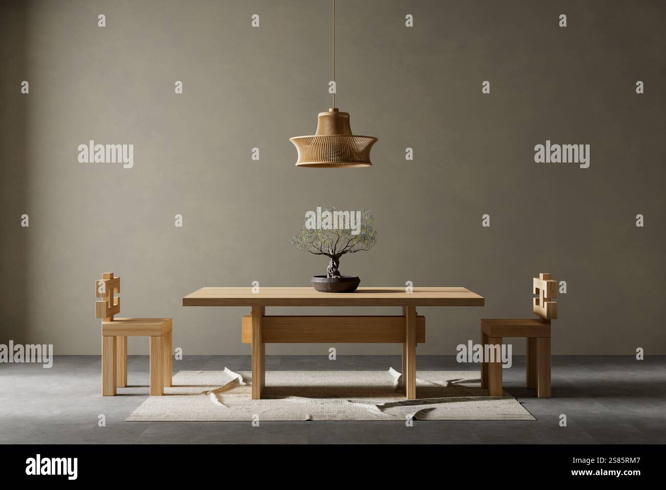 Japandi style dining room design with wooden furnitures and raw ...