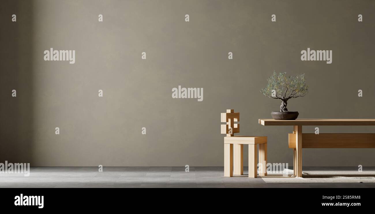 Japandi style dining room design with wooden furnitures and raw ...