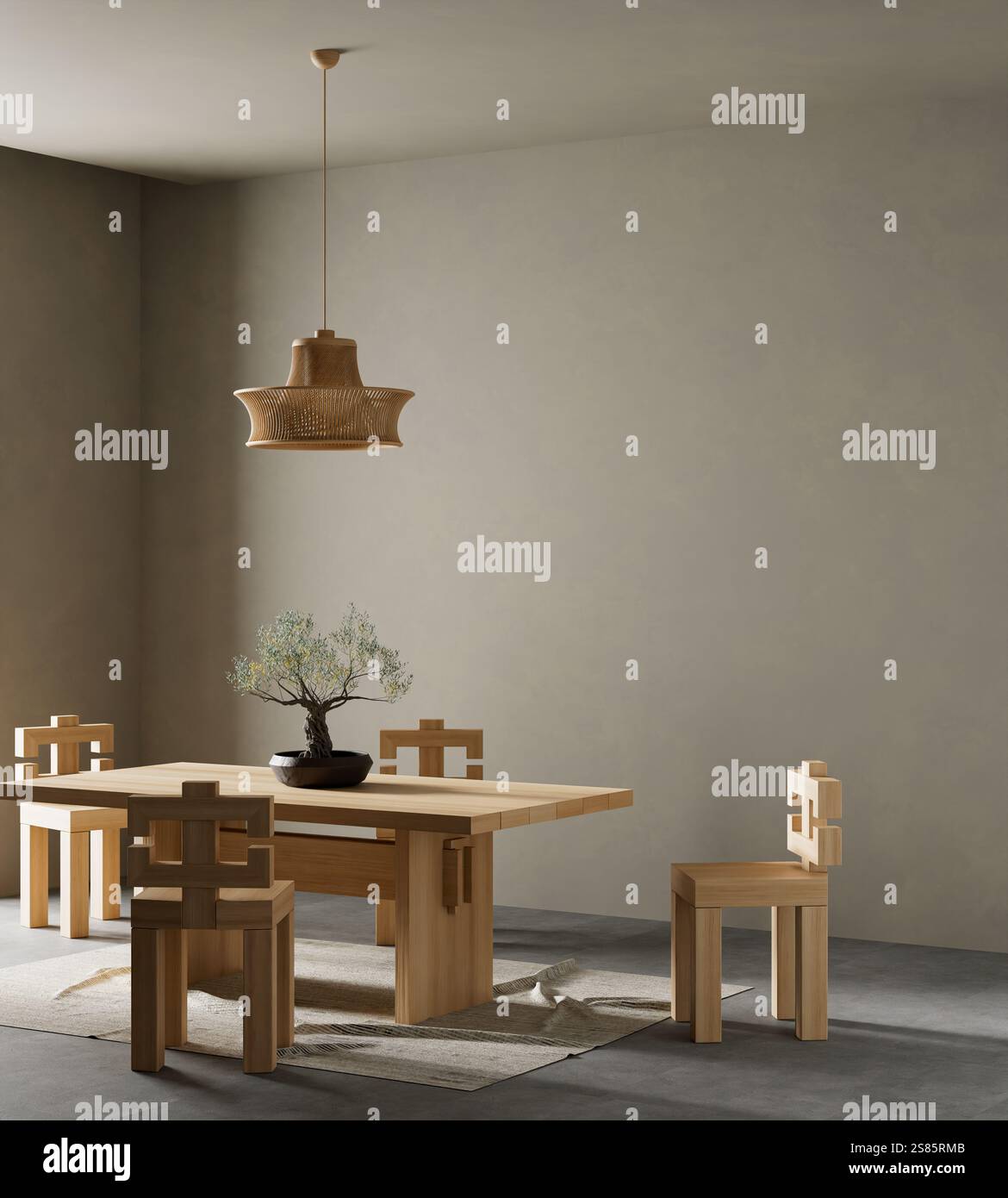 Japandi style dining room design with wooden furnitures and raw ...